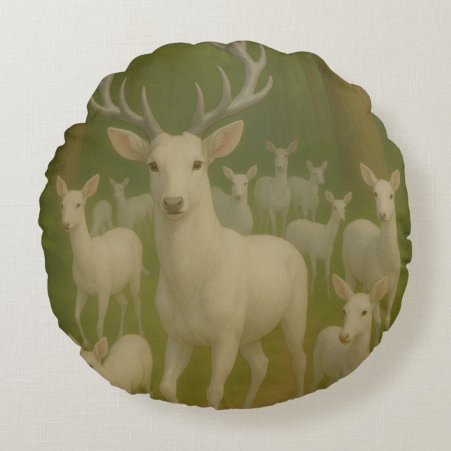 Forest white deer round cushion (Front)