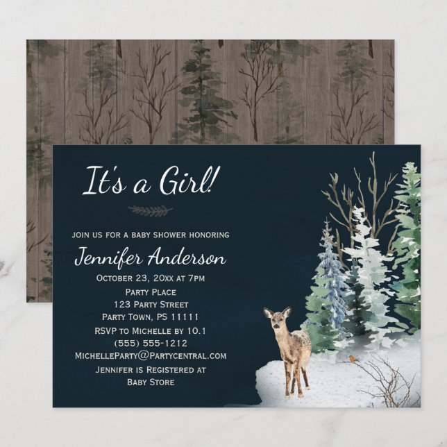 Forest Winter Woodland Deer Girl Baby Shower Invitation (Front/Back)