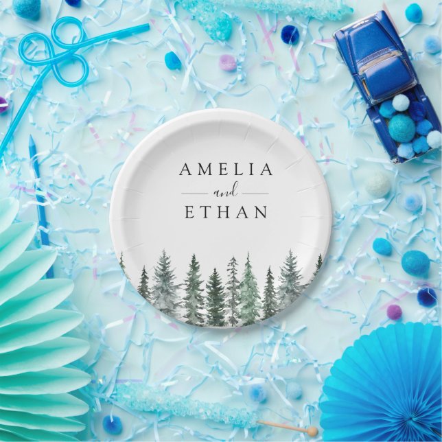 Forest Wintre Watercolor Wedding Paper Plate (Party)
