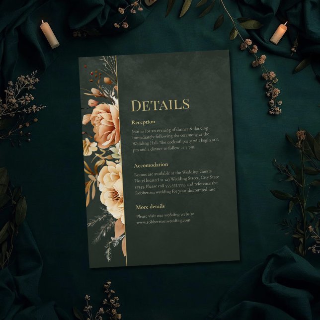 Forest Witch Green Floral Wedding Details Card (Forest Witch Green Floral Wedding Details Card on a dark green witchy wedding table with botanicals)