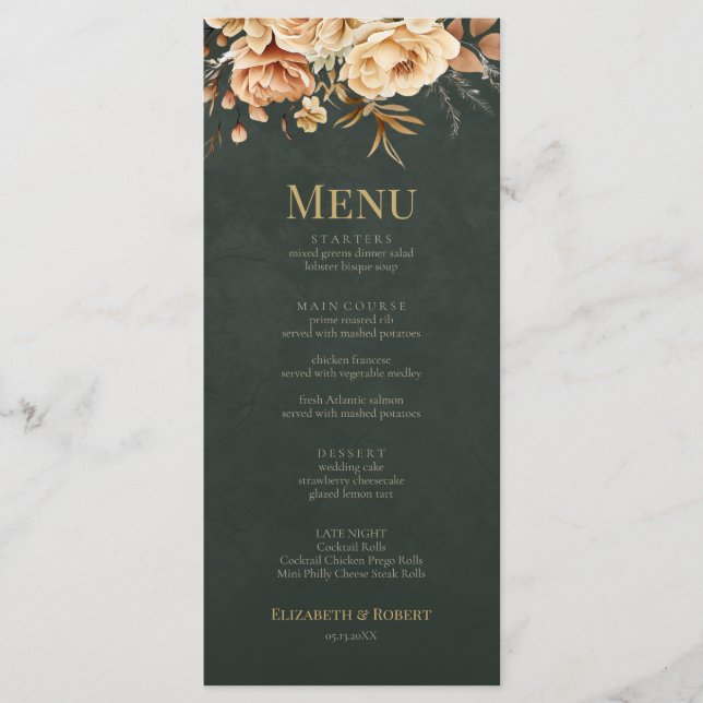 Forest Witch Green Floral Wedding Menu Card (Front)