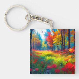 Forest with Colourful Trees And Flowers-47560 Key Ring