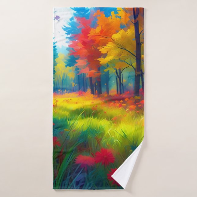 Forest with Colourful Trees And Flowers Bath Towel (Bath Towel)