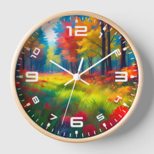 Forest with Colourful Trees And Flowers Clock