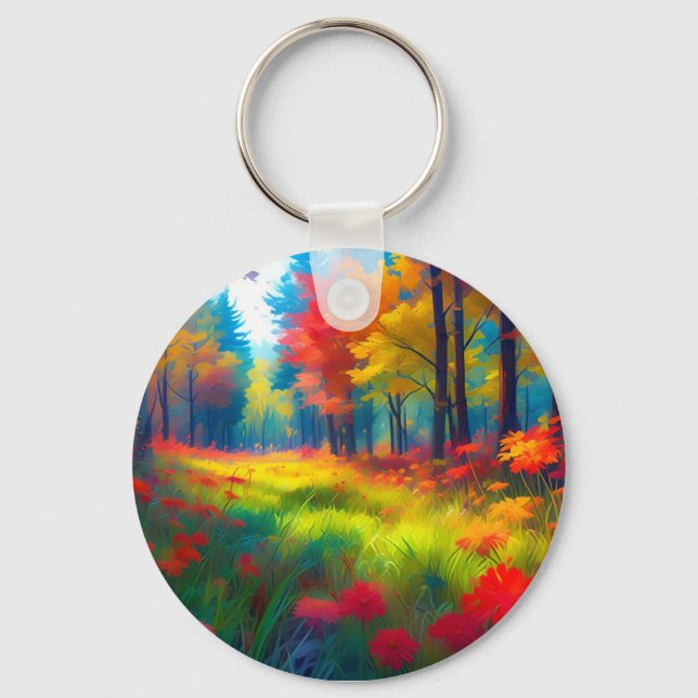 Forest with Colourful Trees And Flowers Key Ring (Front)