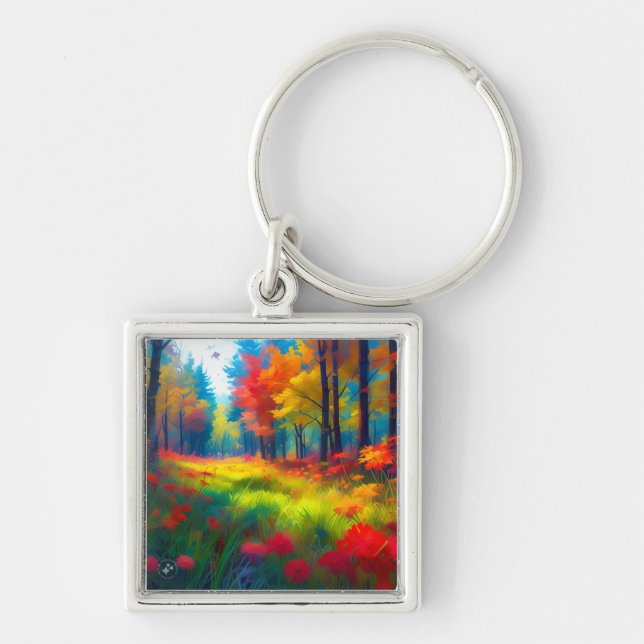 Forest with Colourful Trees And Flowers Key Ring (Front)