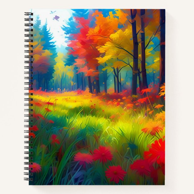 Forest with Colourful Trees And Flowers Notebook (Front)