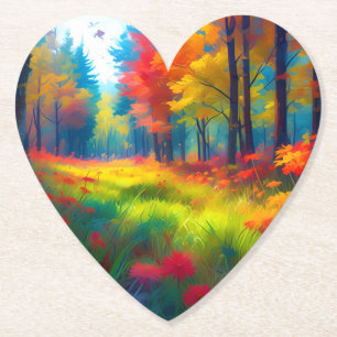 Forest with Colourful Trees And Flowers Paper Coaster