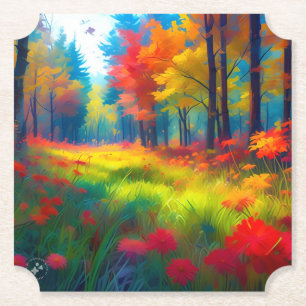 Forest with Colourful Trees And Flowers Paper Coaster