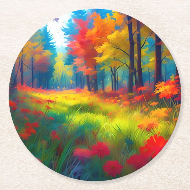 Forest with Colourful Trees And Flowers Round Paper Coaster (Front)