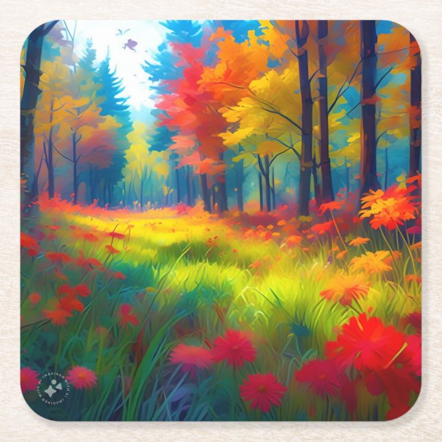 Forest with Colourful Trees And Flowers Square Paper Coaster (Front)