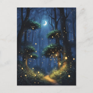 Forest with Firefly Lights and Crescent Moon Postcard