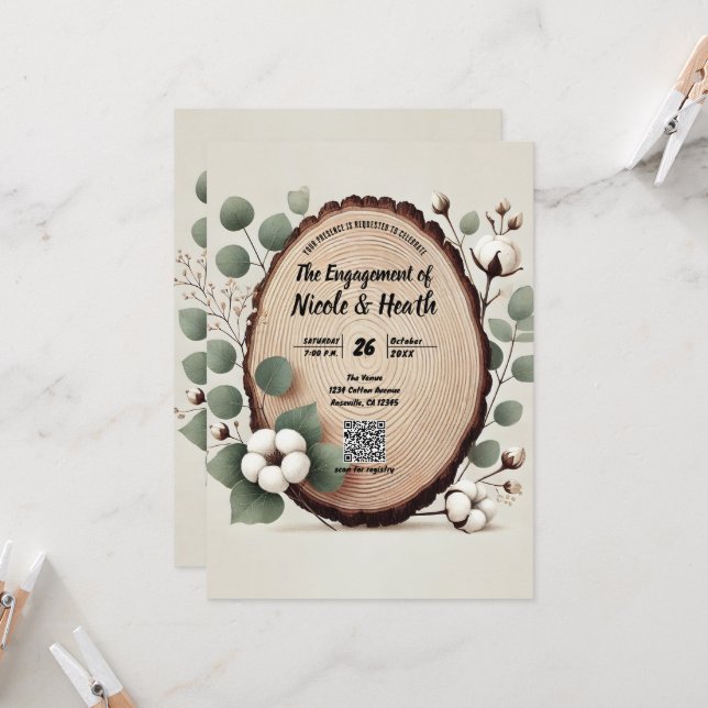 Forest Wood Eucalyptus & Cotton Rustic Engagement Invitation (Front/Back In Situ)