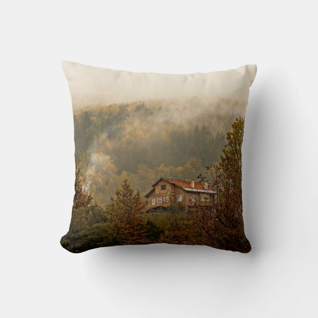 Forest Wooden House: Tranquil Scene Cushion (Front)