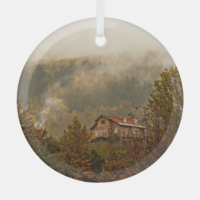 Forest Wooden House: Tranquil Scene Glass Tree Decoration (Front)