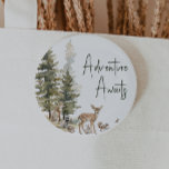 Forest Woodland Animals Adventure Awaits<br><div class="desc">Introducing our forest woodland animals adventure awaits button – perfect for a cute and whimsical celebration! Featuring a modern watercolor forest theme with adorable creatures like a fox, brown bear, bunny, and deer, it's great for a gender-neutral shower. This bohemian design sets a sweet and simple scene with its natural...</div>