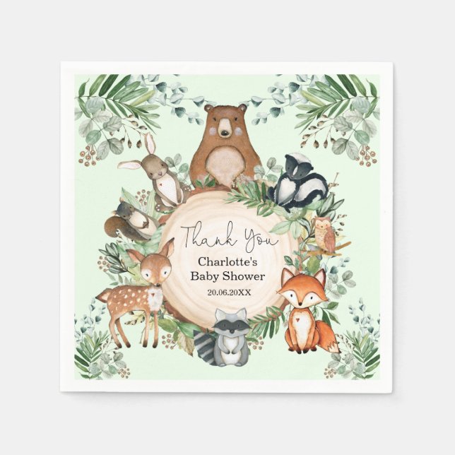 Forest Woodland Animals Baby Shower 1st Birthday Napkin (Front)