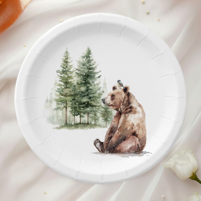 Forest Woodland Animals Bear And Bird Baby Shower Paper Plate (Creator Uploaded)