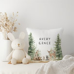 Forest Woodland Animals With Baby Name Cushion<br><div class="desc">Introducing our forest woodland animals with baby name throw pillow – perfect for a cute and whimsical celebration! Featuring a modern watercolor forest theme with adorable creatures like a fox, brown bear, bunny, and deer, it's great for a gender-neutral shower. This bohemian design sets a sweet and simple scene with...</div>