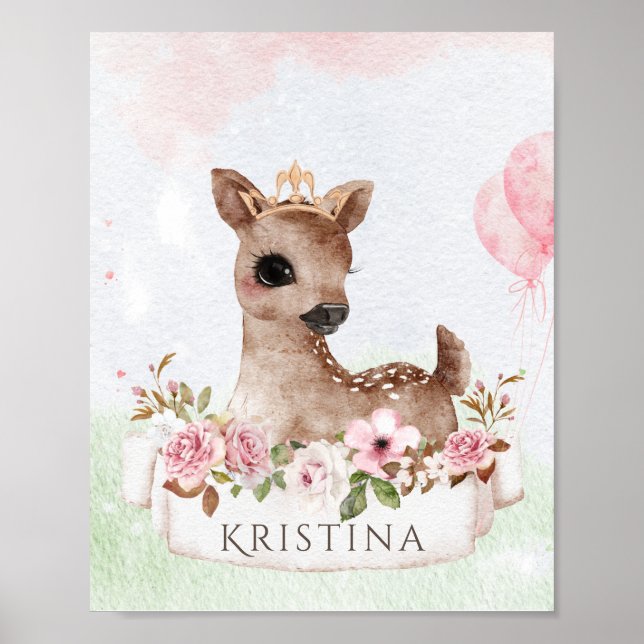Forest Woodland Baby Girl Deer Watercolor Name Poster (Front)