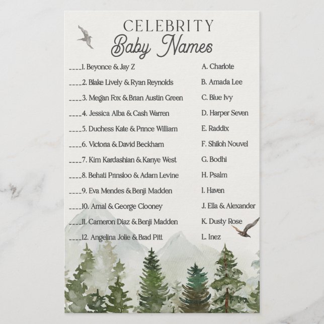 forest woodland celebrity baby names shower game  (Front)