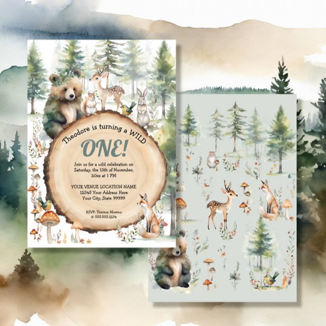 Forest Woodland Cute Animals Bear Deer 1st First Invitation (Creator Uploaded)