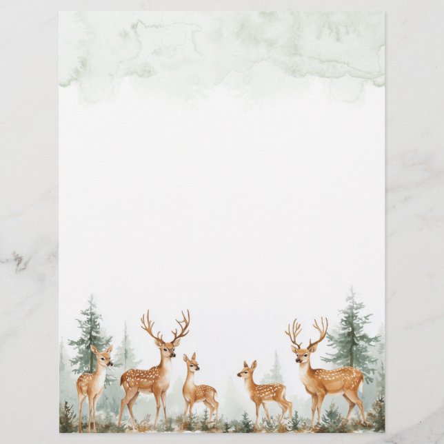 Forest Woodland Deer Watercolor Stationery Paper (Front)
