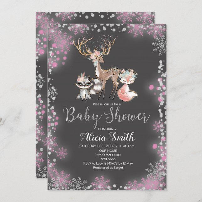Forest woodland girl baby shower invitation (Front/Back)