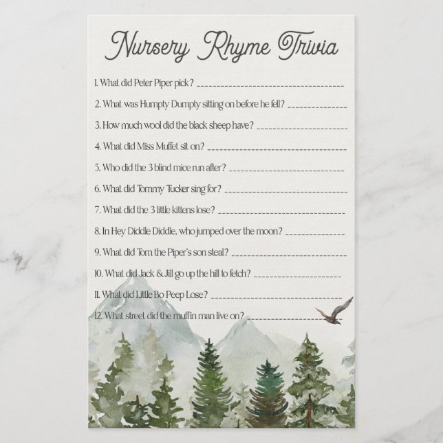 forest woodland nursery rhyme trivia baby shower (Front)
