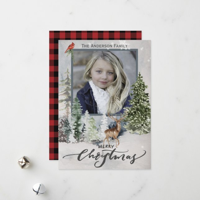 Forest Woodland Plaid Christmas Photo Holiday Card (Front/Back In Situ)
