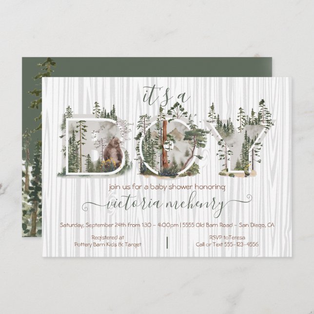 Forest Woodland Watercolor Bear Baby Shower Invitation (Front/Back)