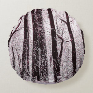 FOREST WOODS SNOWY WINTER SCENERY ROUND CUSHION