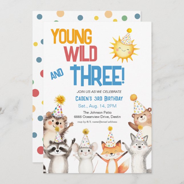 Forest Zoo Animals Party Hats 3rd Birthday Invitation (Front/Back)