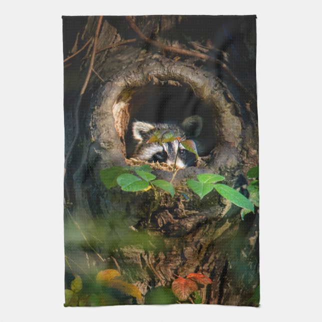 Forests | Racoon Peeking Tea Towel (Vertical)