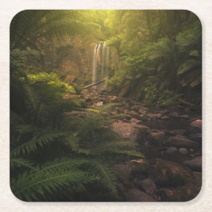 Forests   Sunlight Highlights Waterfall Square Paper Coaster