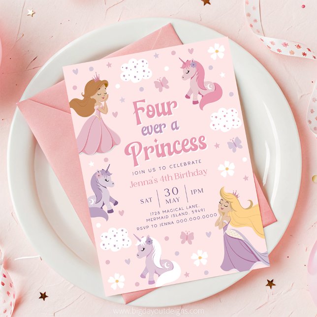 Forever a Princess Invitation. Four Ever a Princes Invitation (Princess and Unicorn Pink 4th Birthday Invitation)