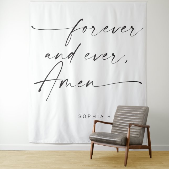 Forever And Ever, Amen Wedding Quote Backdrop Tapestry (In Situ)