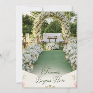 Forever begins here elegant white floral weddings. thank you card