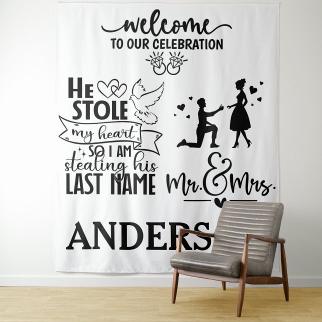 Forever Begins Here – Wedding Day Welcome Backdrop Tapestry (In Situ)