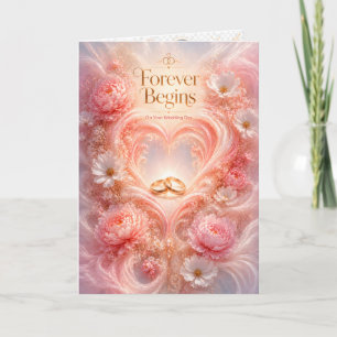 Forever Begins Wedding Day Blush Floral Gold Rings Card