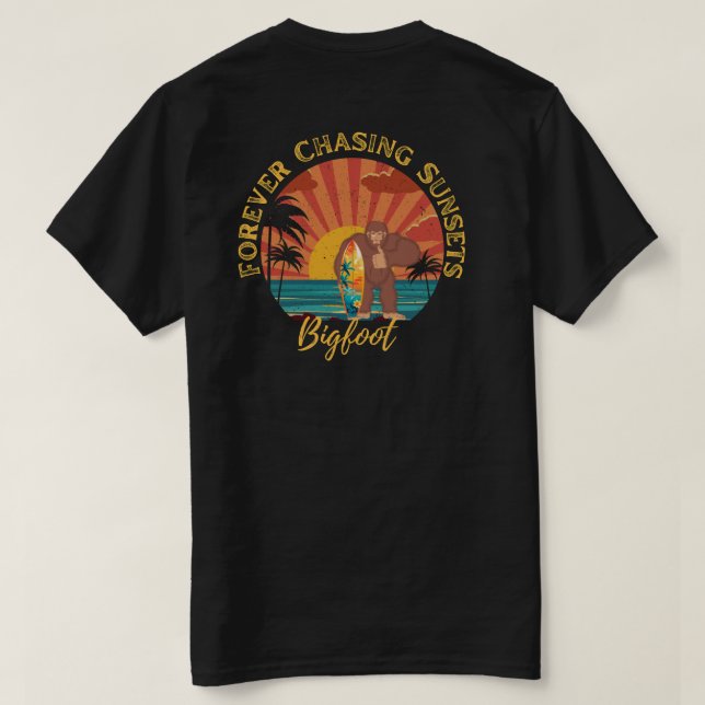 Forever Chasing Sunsets Bigfoot Surfing Black T-Shirt (Design Back)