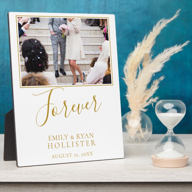 Forever Elegant Golden Script Wedding Photo Plaque (Side)