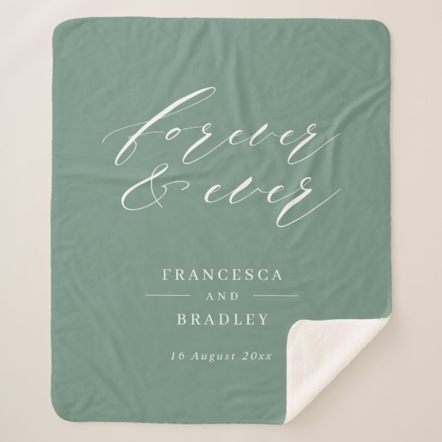 Forever & Ever Teal Calligraphy Wedding Gift Sherpa Blanket (Front)