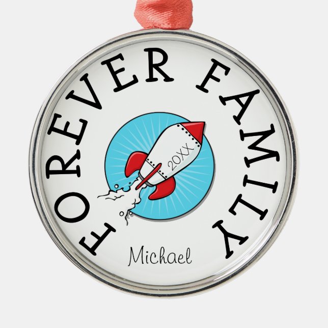 Forever Family kids Retro Rocketship Adoption Gift Metal Tree Decoration (Front)