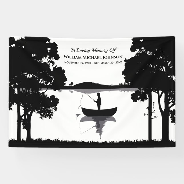 Forever Fishing Funeral Memorial Black And White Banner (Horizontal)