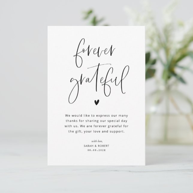 forever grateful black and white wedding thank you card (Standing Front)