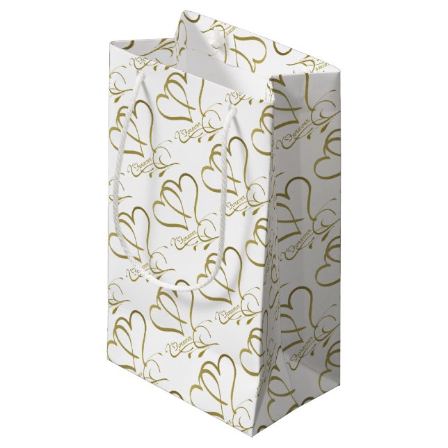 Forever Hearts Gold on White Small Gift Bag (Front Angled)