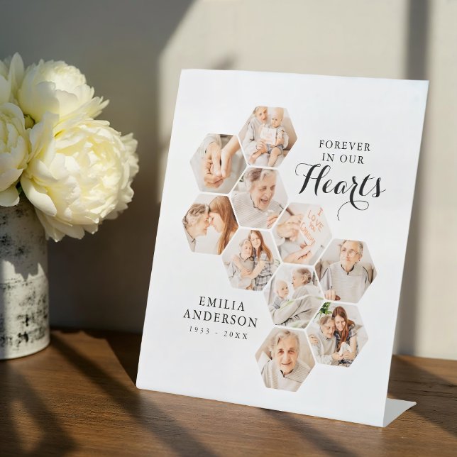 Forever Hearts Memorial Modern 10 Photos Card Pedestal Sign (Creator Uploaded)