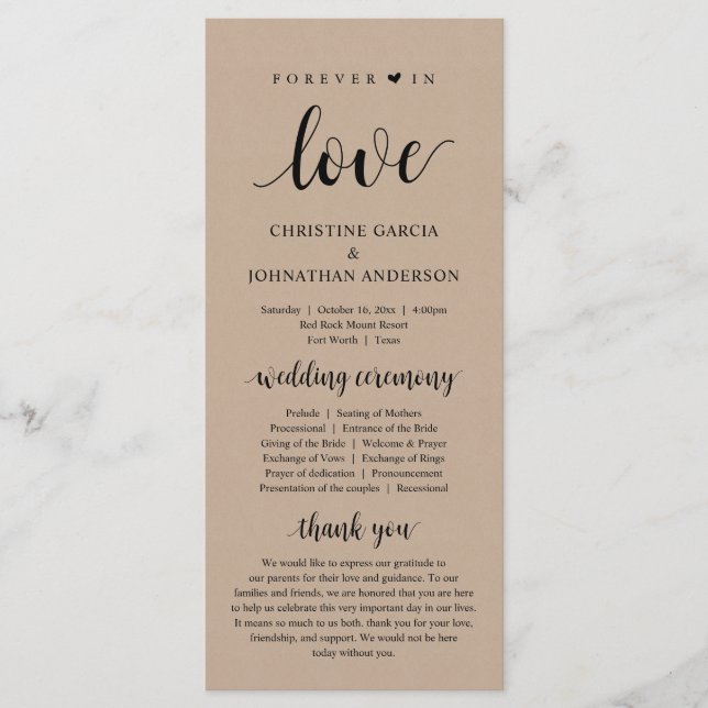 Forever in love, Modern Wedding Ceremony, kraft Programme (Front)