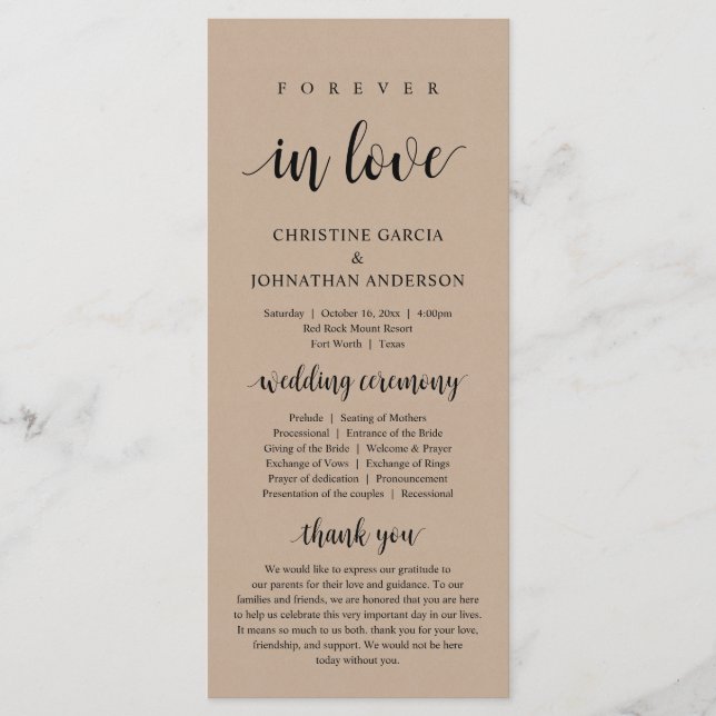 Forever in love, Modern Wedding Ceremony, kraft Programme (Front)